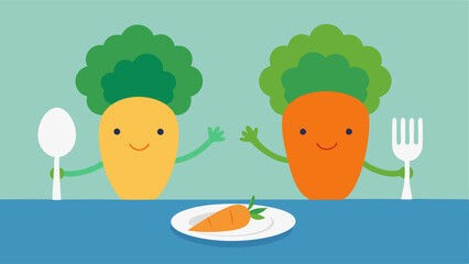 Resolution Moment This illustration captures a moment of resolution between the carrot and broccoli. Both vegetables face each other with smiles their expressions conveying