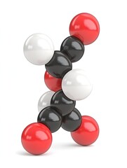 3D model of a molecule with red, white, and black spheres, showing its structure
