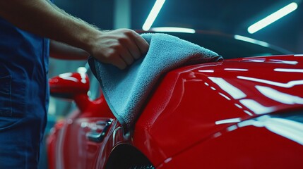 A Man Skillfully Polishes a Car Body with a Microfiber Towel in a Detailing Workshop