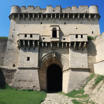 Facade of historic fort in Soroca from Moldova , before restoration . Medieval fortress tourist attraction, Cetatea Soroca