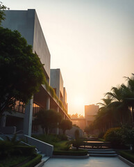 modern brutalism building with lush greenery, created by generative ai