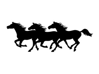 Fototapeta premium Silhouette of Wild Horses Running on Plains, Free Spirit Scene, Majestic Nature Art, Open Field Landscape, On Transparent Background