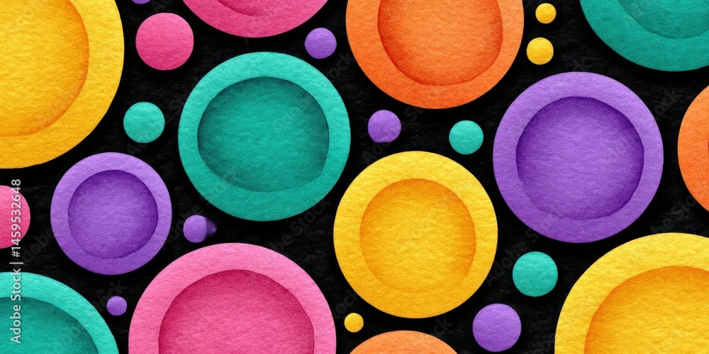 Poster brightly colored watercolor circles on a dark background create a playful abstract pattern that embo