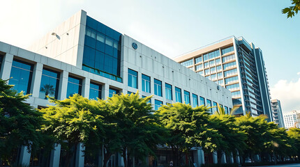 modern brutalism building with lush greenery, created by generative ai