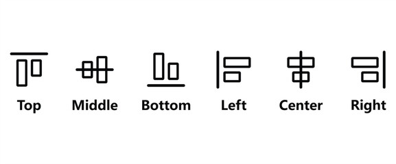 Icon set of Align design editor, icon of Top, Middle, Bottom, Left, Center and right for editing position design. Vector Icons Design Pack in transparent background.