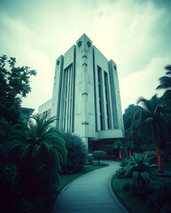 modern brutalism building with lush greenery, created by generative ai