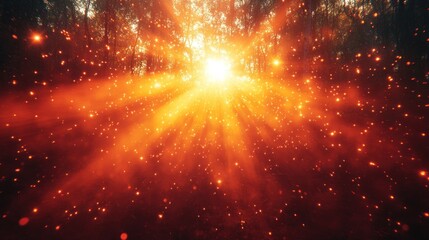 Obraz premium Sun rays burst through dark forest, creating magical, warm light and dust particles.