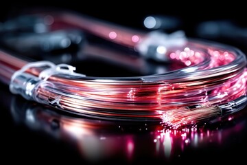 Coiled translucent tubing with pink optical fibers and frayed end on dark reflective background