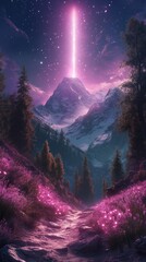 Obraz premium Pink beam of light shines from snowy mountain peak at night, illuminating a path through purple flowers and evergreen trees.