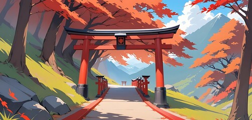 Red Torii Gate in Mountain Landscape