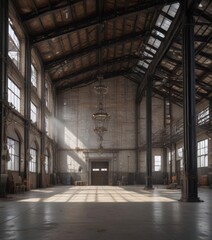 Fototapeta premium Soaring ceilings, exposed metalwork, industrial chic , architecture, metal beams, scene