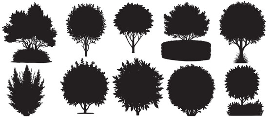 set of trees silhouettes, garden tree, lawn tree silhouette vector