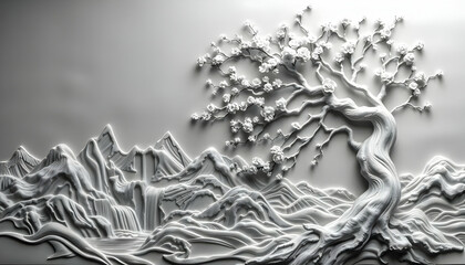 Intricate White Relief Sculpture Depicting A Tree And Mountains On A Textured Background