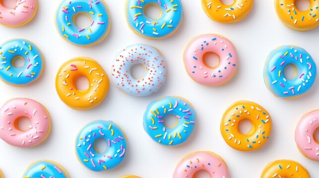 Colorful donuts overhead shot sprinkles sweet food bakery dessert