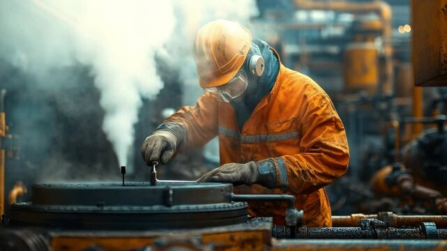Engineer in safety gear inserts a temperature probe into a pressurized industrial system with steam rising, capturing thermal energy inspection, emission control, modern renewable technology in action