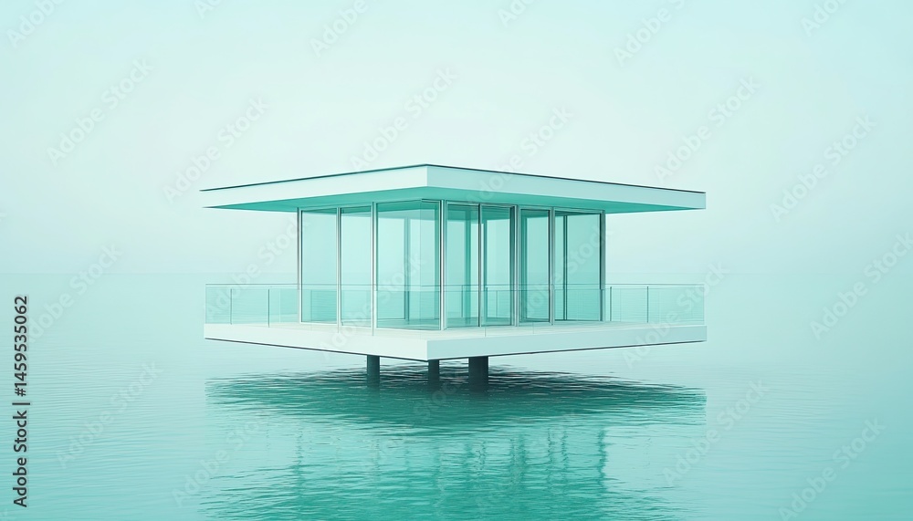 Poster architectural model of a modern structure floating above a calm, reflective body of water with a mon