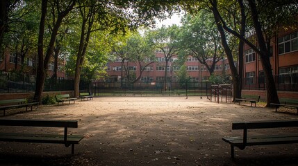 Urban park, sunlight filtered through trees.  Empty playground, benches