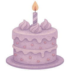 Double layer purple birthday cake with candle and frosting in cute watercolor style on white background