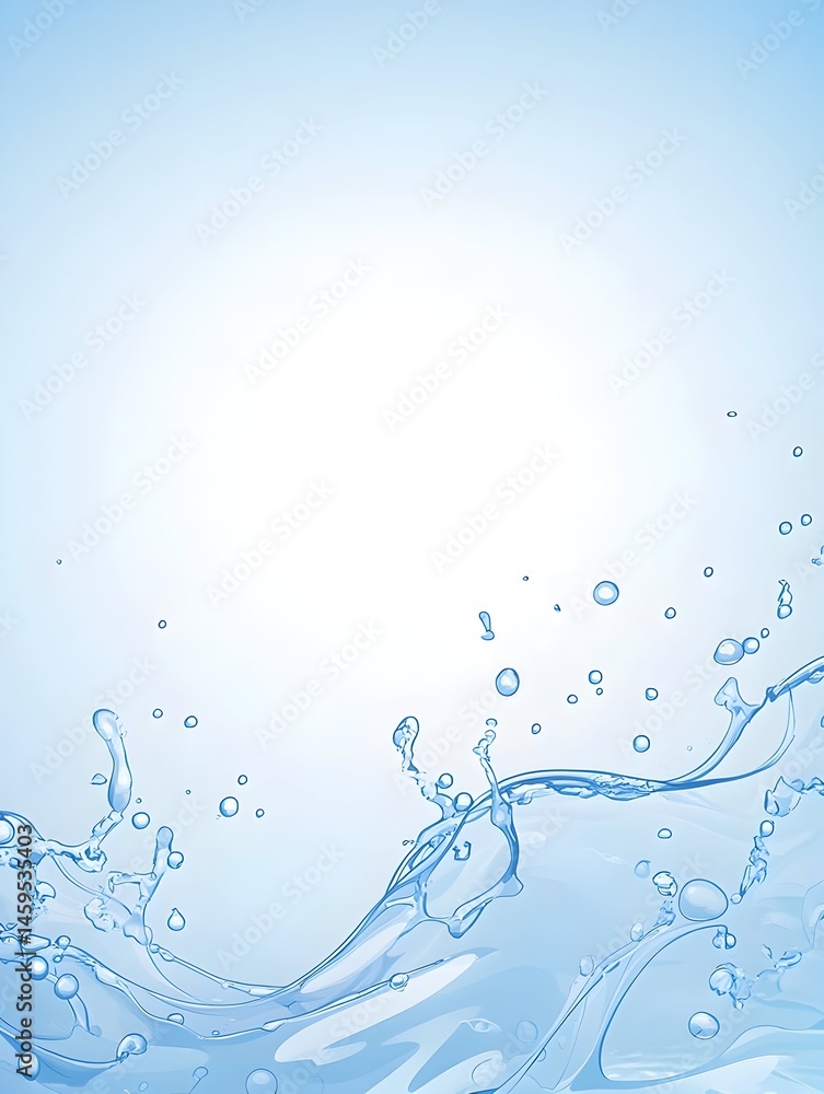 Poster a refreshing image of clear blue water splashing and flowing, creating dynamic curves and air bubble