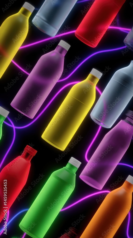 Poster neon colored bottles with dynamic glowing background, showcasing a spectrum of vibrant hues, creatin