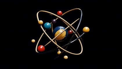 Colorful atomic model on black background.