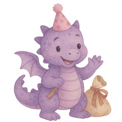 Cheerful purple dragon waving and holding stick with gift bag in soft watercolor birthday celebration theme