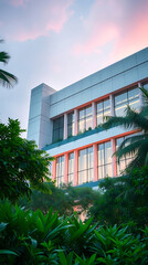 modern brutalism building with lush greenery, created by generative ai