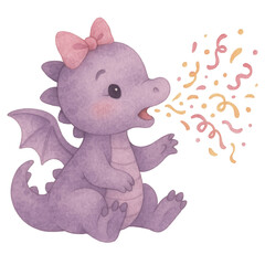 Adorable purple dragon with pink bow blowing colorful confetti in festive soft watercolor illustration style