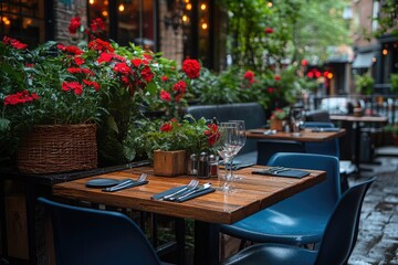 Fototapeta premium Romantic outdoor cafe dining, city alley, rainy evening