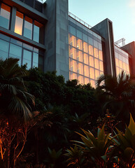 modern brutalism building with lush greenery, created by generative ai