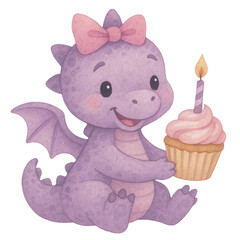 Smiling purple dragon with cupcake and candle in hand sitting in joyful birthday scene in watercolor design