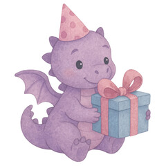 Cute purple dragon sitting with wrapped blue present and ribbon wearing pink polka party hat in soft watercolor style