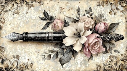 Elegant pen surrounded by delicate flowers.  Ornate background