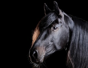 A black horse’s noble head stands out against the dimly lit interior of a barn. Generated with AI
