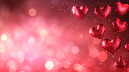 Obraz premium Happy Valentines Day card, background for celebration. A dynamic display of red hearts on a rich red background with sparkling elements.