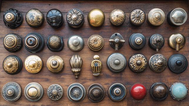 Vintage knobs and handles for sale at a Paris flea market, displayed as background texture