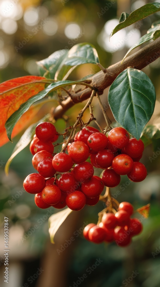 Poster clusters of red berries hanging from a tree branch with green and red leaves