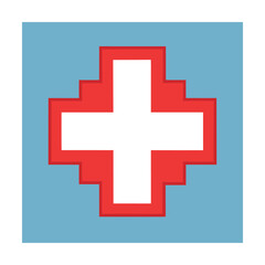 Fototapeta premium Pixelated medical cross symbol on a blue square background representing healthcare and assistance