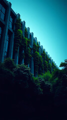modern brutalism building with lush greenery, created by generative ai