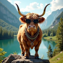 Fashionforward Highland cow in sunglasses on mountaintop