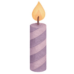 Striped purple birthday candle with glowing flame in watercolor hand painted style for party element