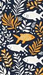 Dark blue aquatic scene with stylized orange and white fish swimming amidst decorative foliage