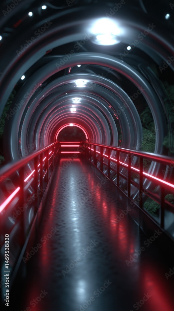 Poster illuminated tunnel pathway with futuristic red lights and circular metal structure creates dynamic p