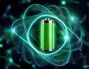 Futuristic energy storage with a glowing green neon-lit high-capacity rechargeable lithium-ion battery. Generated with AI