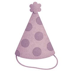 Purple polka dot party hat with flower top in soft watercolor illustration style on white background