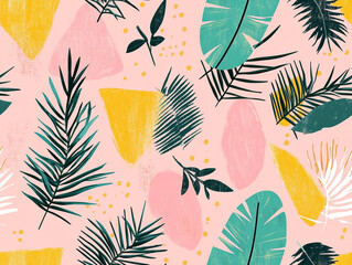 Fototapeta premium A vibrant pattern of tropical leaves and abstract shapes in teal, yellow, pink, and black adorns a light pink background.