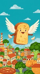 Naklejka premium Flying Toast Over a Whimsical Food Town: A Delightful Cartoon Illustration