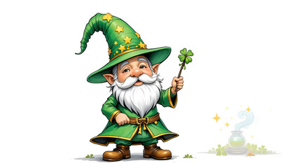 Fototapeta premium the artwork features a cartoon character, seemingly a gnome like figure, against a white background. the character sports a green outfit with gold trim, complete with a pointy hat adorned with stars
