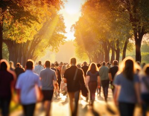 A diverse mass of figures drifts down a forested path, basking in golden sunbeams. Generated with AI