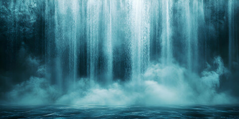 Majestic Waterfall Cascading Down Rocky Cliff with Mist Rising